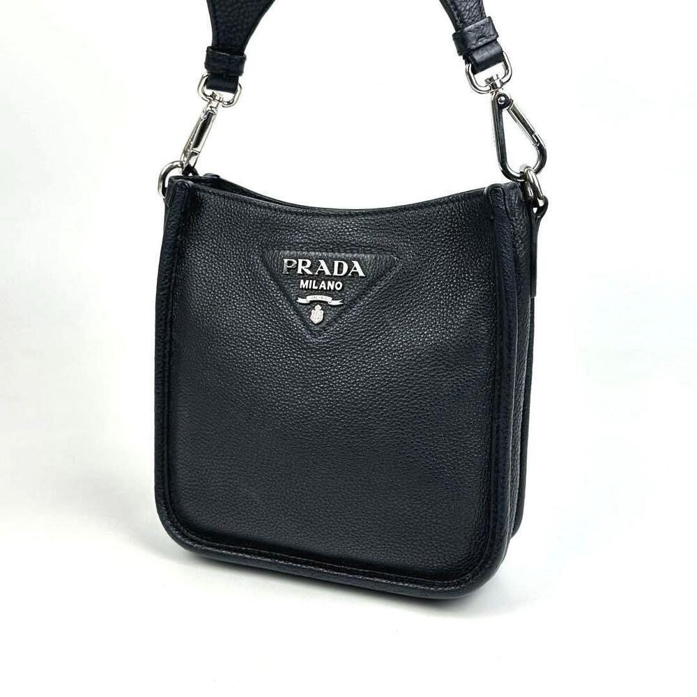 PRADA Vitello Daino Soft Leather Shoulder Bag Black Crossbody Triangle - Picture 3 of 10